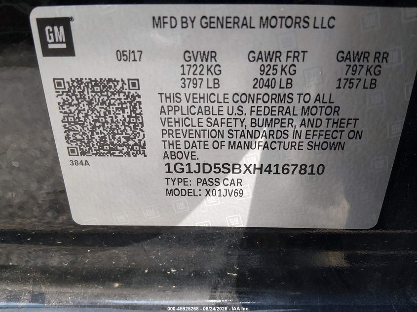 CHEVROLET SONIC 2017 VIN 1G1JD5SBXH4167810