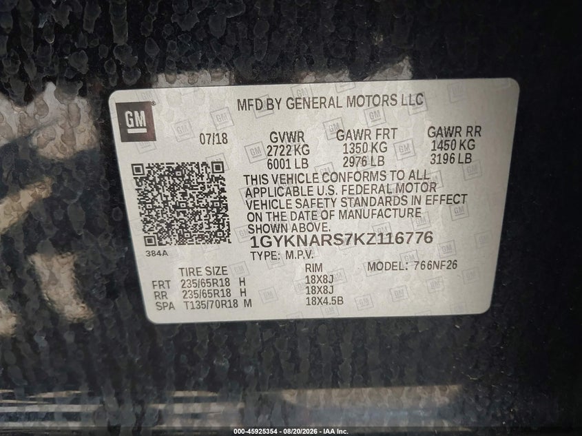 CADILLAC XT5 2019 VIN 1GYKNARS7KZ116776