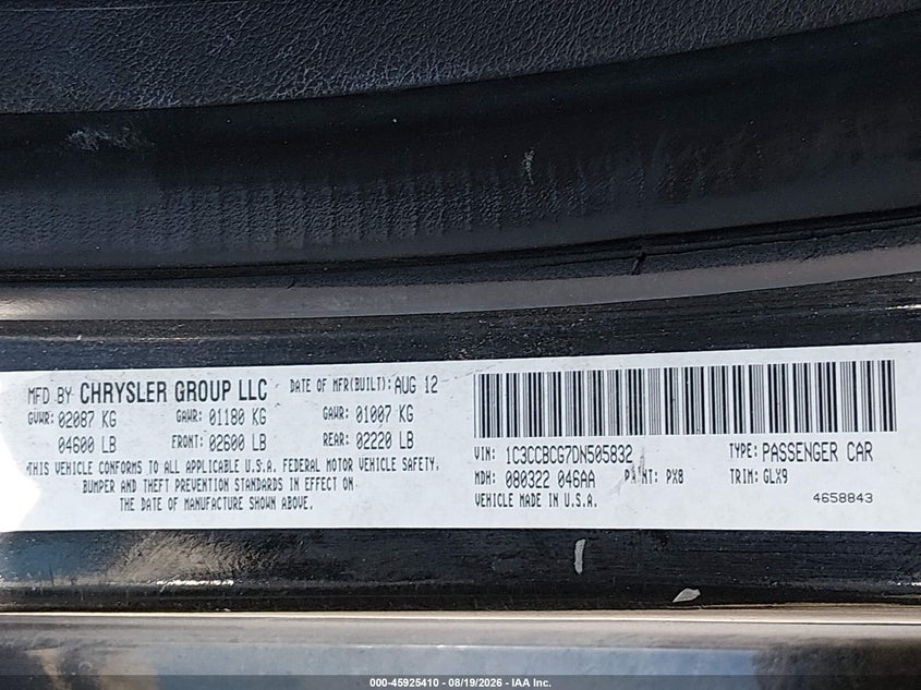 2013 CHRYSLER 200 SEDAN 3.6L V-6 DOHC, VVT, 283HP