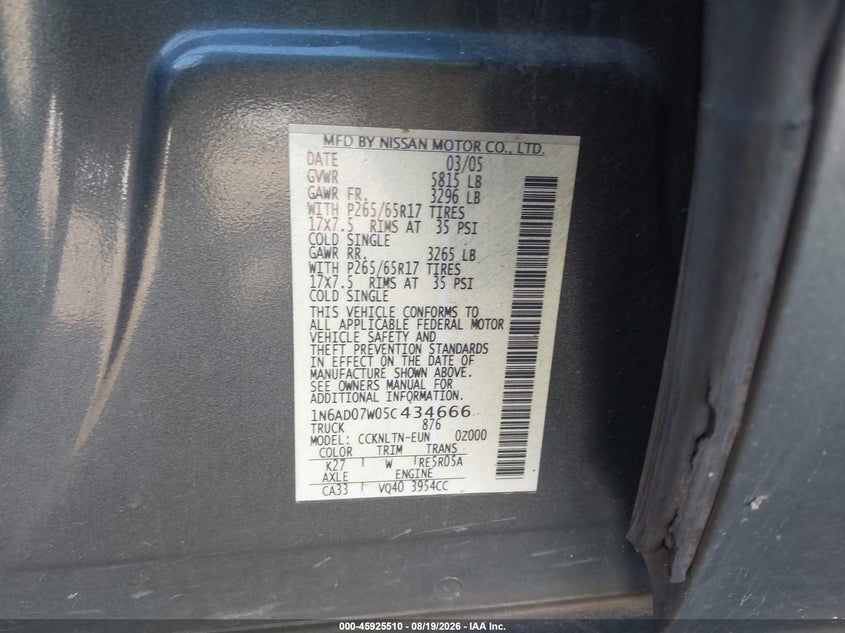 NISSAN FRONTIER 2005 VIN 1N6AD07W05C434666