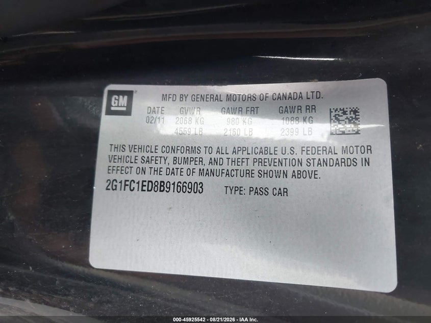 CHEVROLET CAMARO 2011 VIN 2G1FC1ED8B9166903