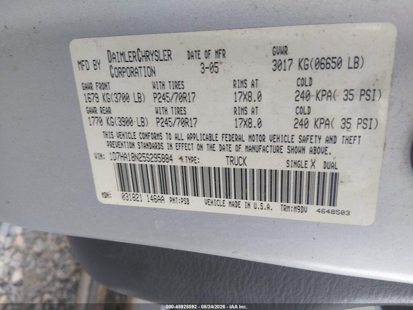 DODGE RAM 1500 2005 VIN 1D7HA18N25S295884