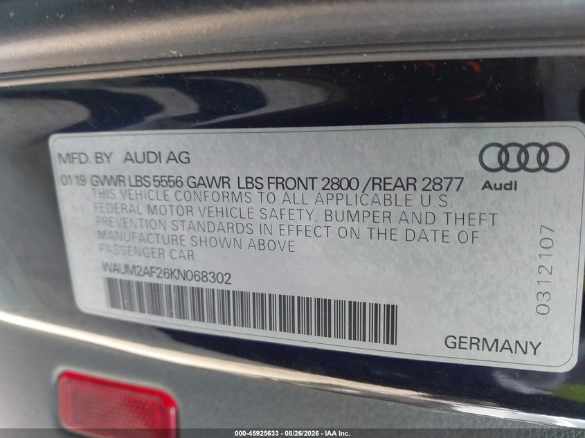AUDI A6 2019 VIN WAUM2AF26KN068302