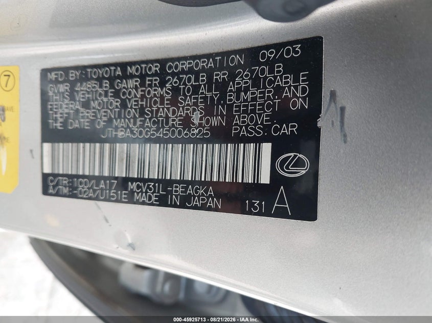 2004 LEXUS ES SEDAN 3.3L V-6 DOHC, VVT, 225HP