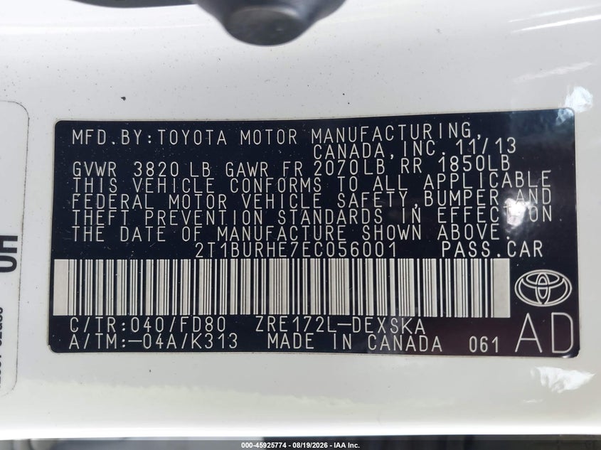 2014 TOYOTA COROLLA SEDAN 1.8L I-4 DOHC, VVT, 132HP