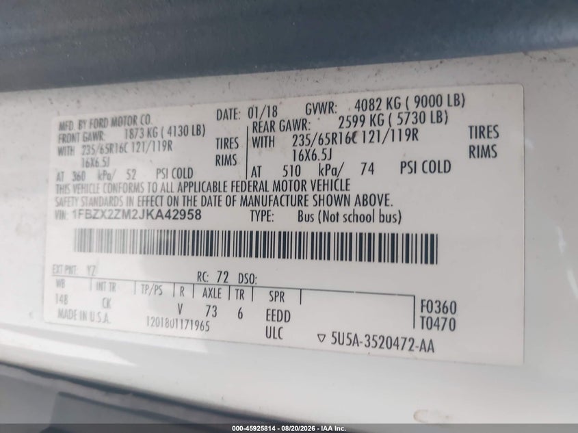 FORD TRANSIT-350 2018 VIN 1FBZX2ZM2JKA42958
