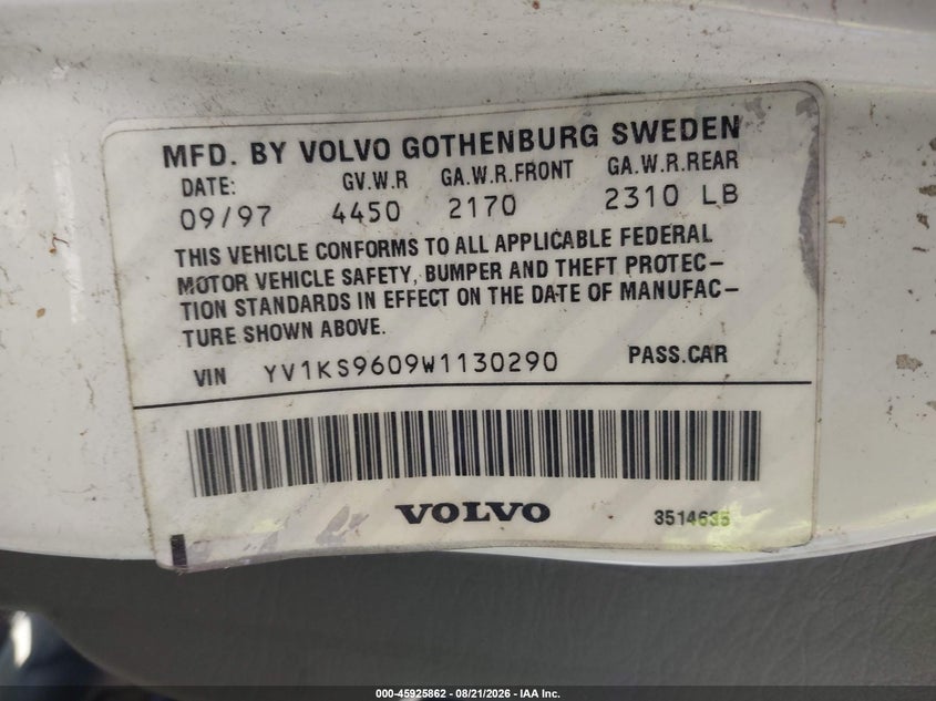 VOLVO S90 1998 VIN YV1KS9609W1130290