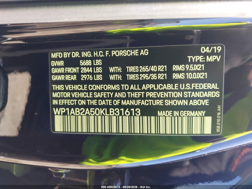 2019 PORSCHE MACAN SPORT UTILITY VEHICLE 3.0L V-6 DI, DOHC, VVT, TURBO, 348HP