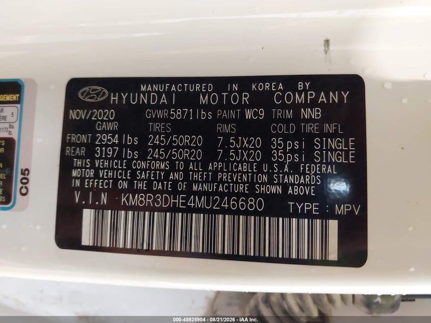 HYUNDAI PALISADE 2021 VIN KM8R3DHE4MU246680