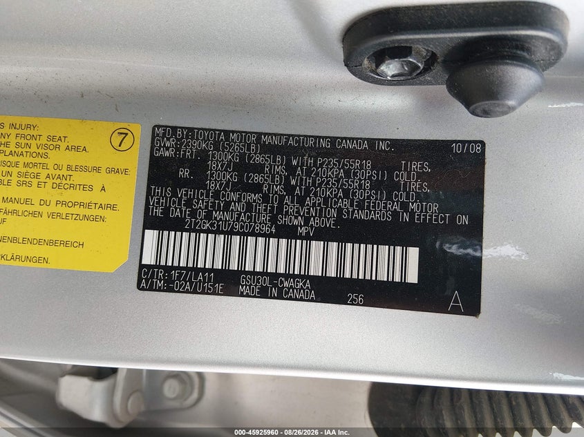 LEXUS RX 350 2009 VIN 2T2GK31U79C078964