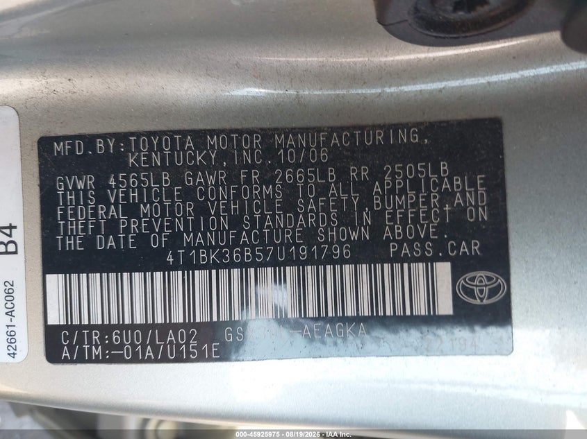 TOYOTA AVALON 2007 VIN 4T1BK36B57U191796