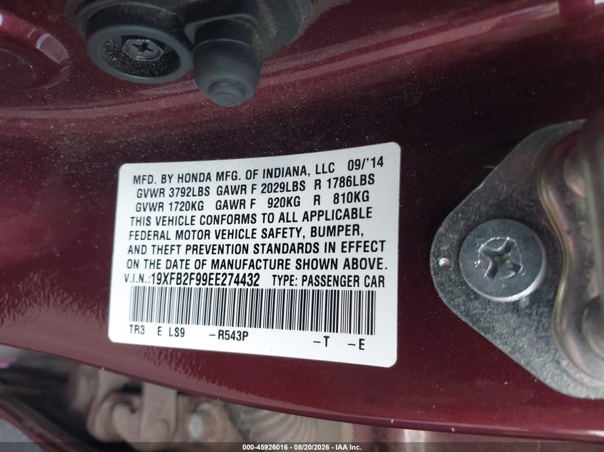 2014 HONDA CIVIC SEDAN 1.8L I4 FI SOHC 16V NF4