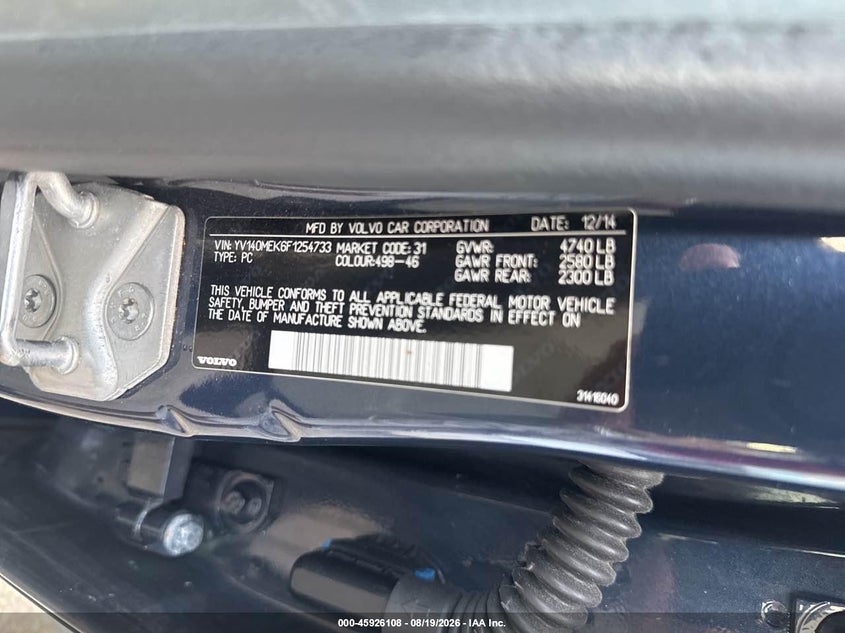 VOLVO V60 2015 VIN YV140MEK6F1254733