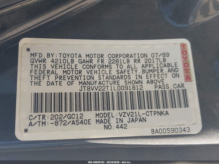 LEXUS ES 1990 VIN JT8VV22T1L0091812
