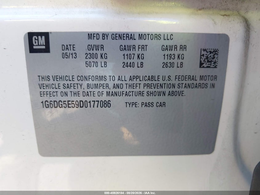 CADILLAC CTS 2013 VIN 1G6DG5E59D0177086