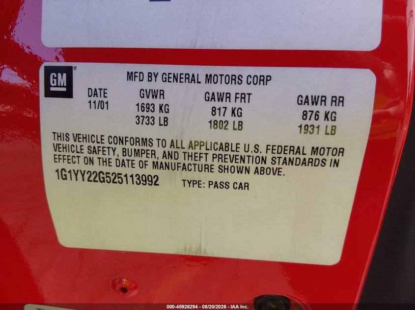 CHEVROLET CORVETTE 2002 VIN 1G1YY22G525113992
