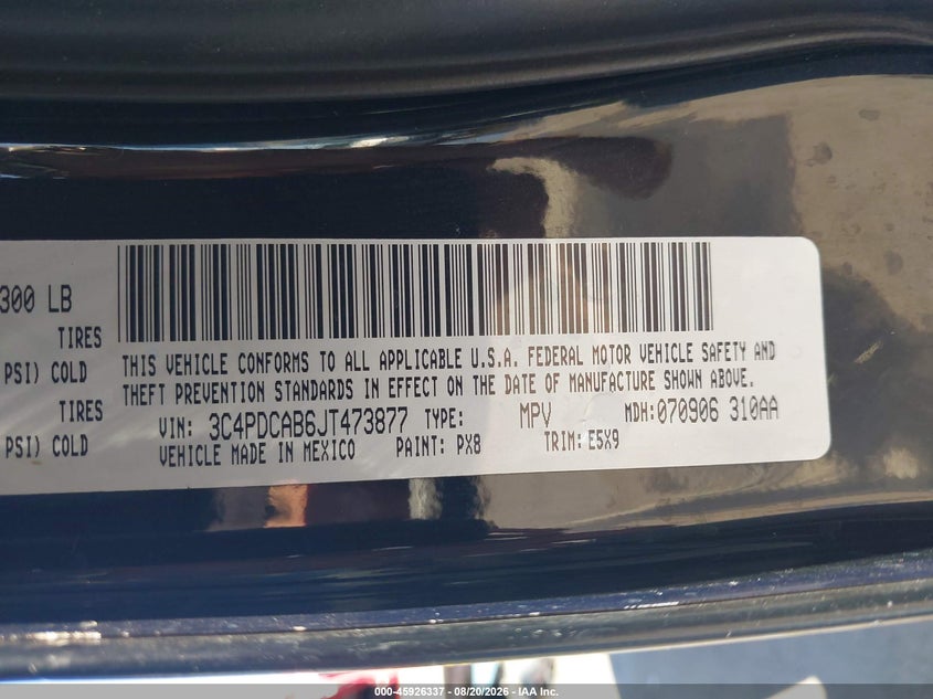 DODGE JOURNEY 2018 VIN 3C4PDCAB6JT473877