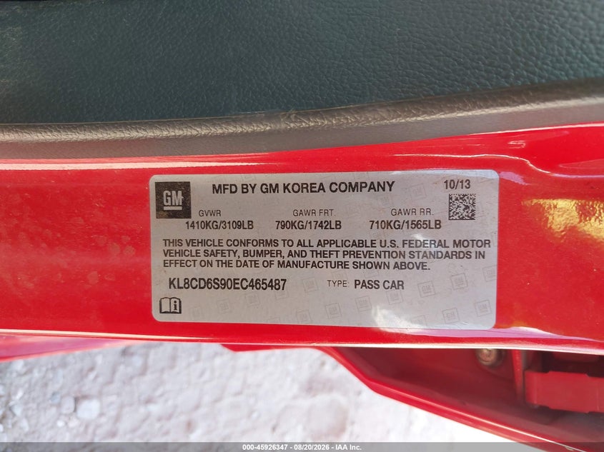 CHEVROLET SPARK 2014 VIN KL8CD6S90EC465487