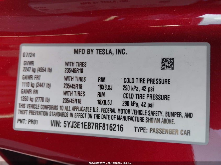 TESLA MODEL 3 2024 VIN 5YJ3E1EB7RF816216