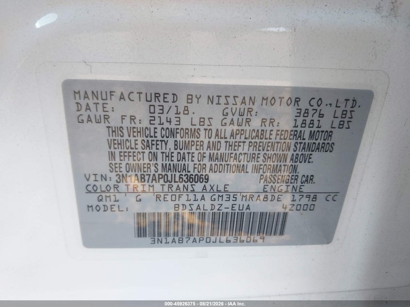 NISSAN SENTRA 2018 VIN 3N1AB7AP0JL636069