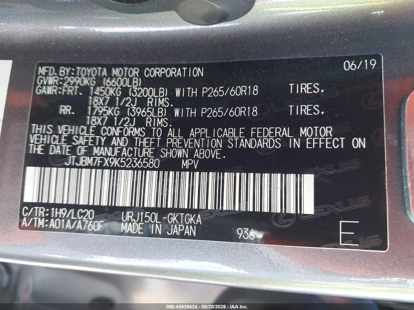 LEXUS GX 460 2019 VIN JTJBM7FX9K5236580