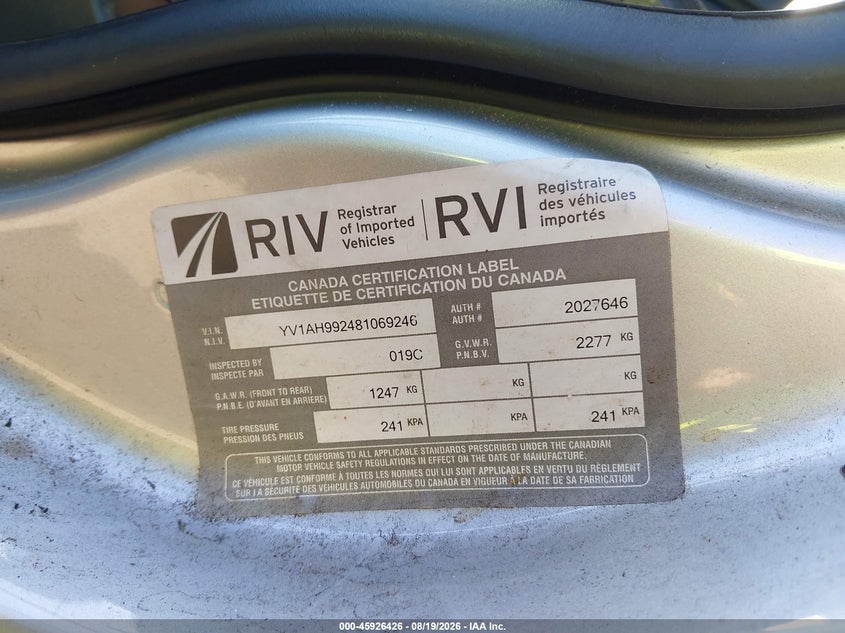 VOLVO S80 2008 VIN YV1AH992481069246
