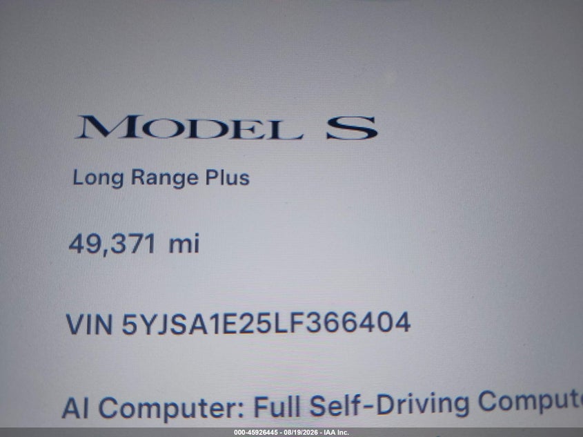 TESLA MODEL S 2020 VIN 5YJSA1E25LF366404