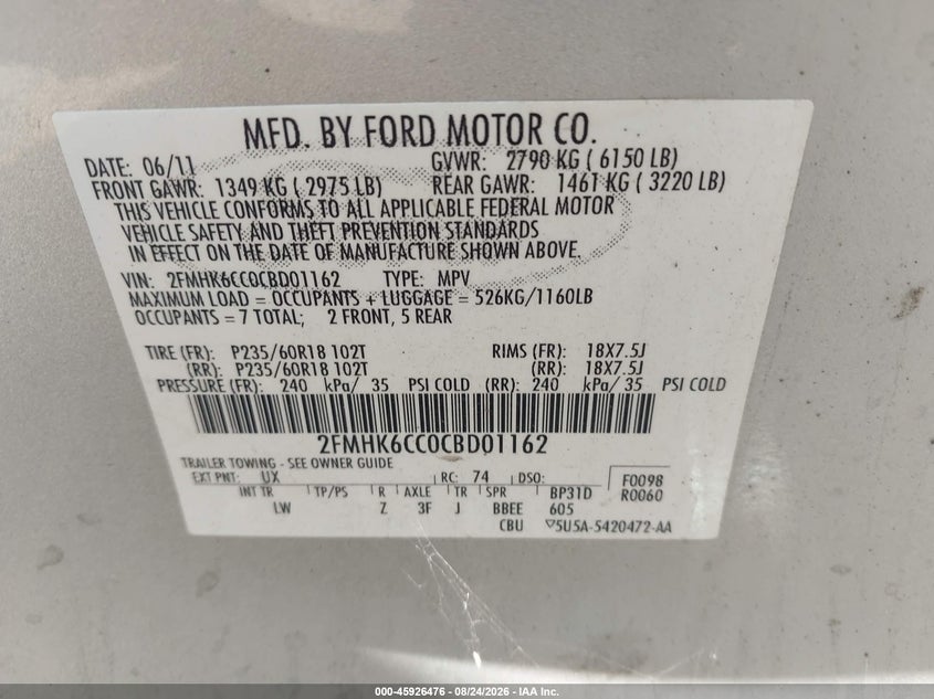 FORD FLEX 2012 VIN 2FMHK6CC0CBD01162