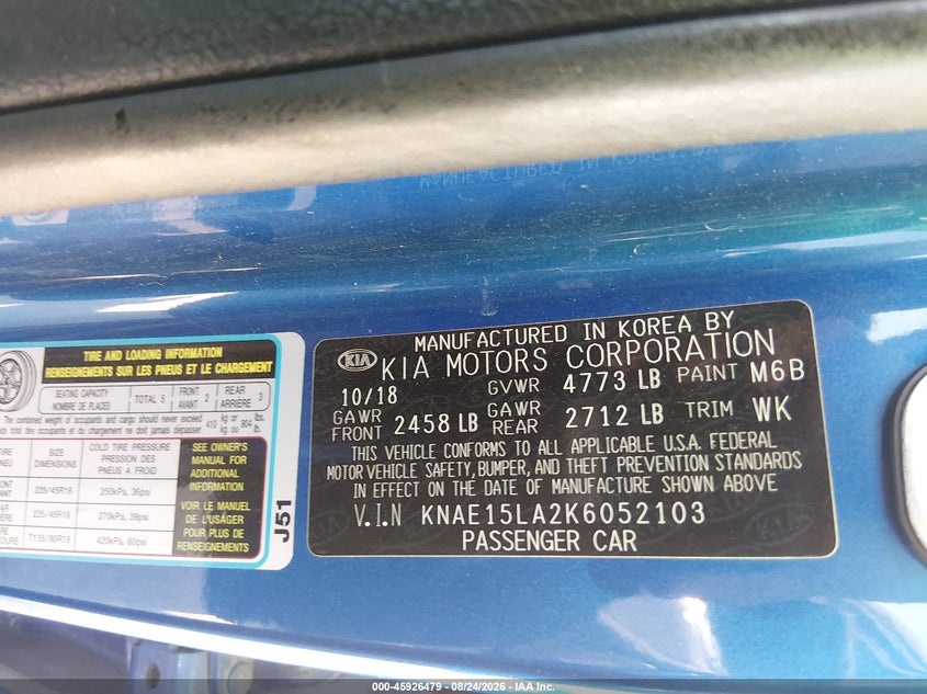 KIA STINGER 2019 VIN KNAE15LA2K6052103