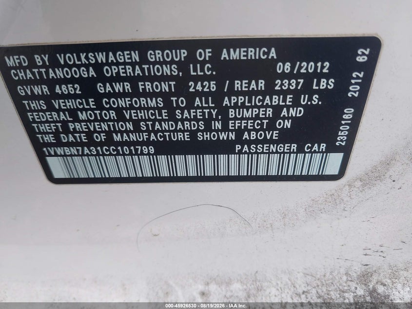 2012 VOLKSWAGEN PASSAT SEDAN 2.0L I-4 DI, DOHC, TURBO, 140HP