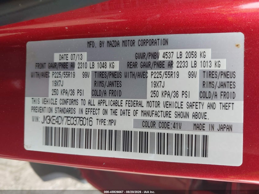 MAZDA CX-5 2014 VIN JM3KE4DY7E0376016