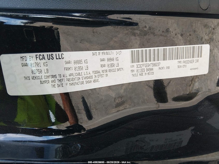 FIAT 500E 2017 VIN 3C3CFFGE6HT586237