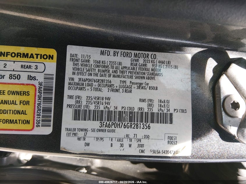 2016 FORD FUSION SEDAN 2.5L I-4 DOHC, VVT, 175HP