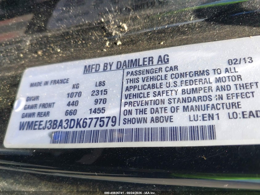 SMART FORTWO 2013 VIN WMEEJ3BA3DK677579