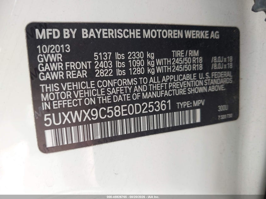 2014 BMW X3 SPORT UTILITY VEHICLE 2.0L I-4 DI, DOHC, VVT, TURBO, 240HP