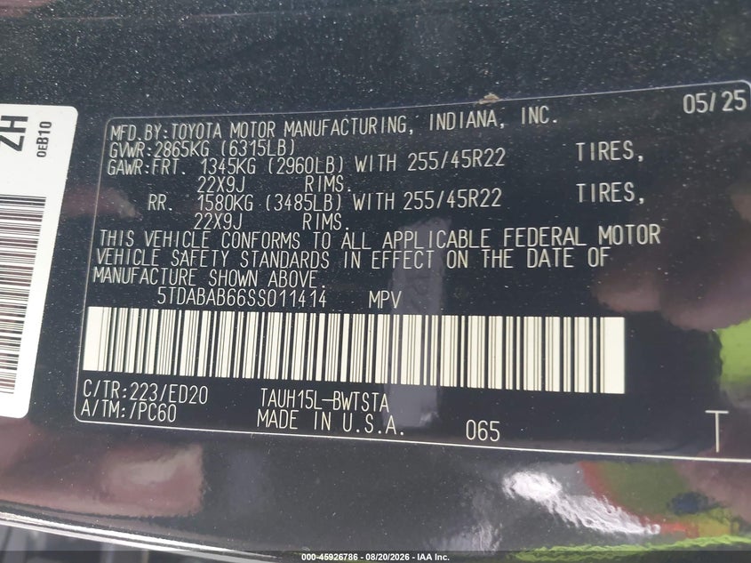 LEXUS TX 500H 2025 VIN 5TDABAB66SS011414