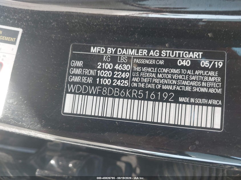 MERCEDES-BENZ C 300 2019 VIN WDDWF8DB6KR516192