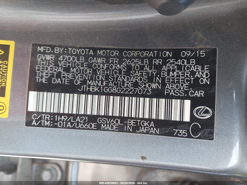 LEXUS ES 350 2016 VIN JTHBK1GG8G2227073