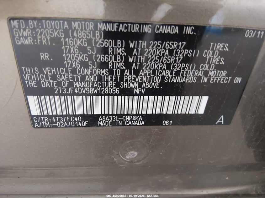 2011 TOYOTA RAV 4 SPORT UTILITY VEHICLE 2.5L I-4 DOHC, VVT, 179HP