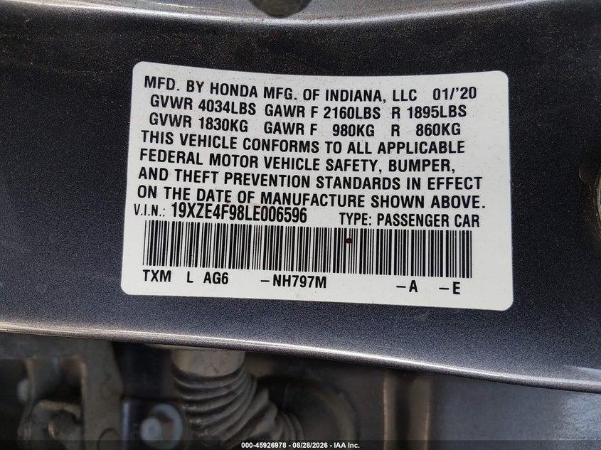 HONDA INSIGHT 2020 VIN 19XZE4F98LE006596