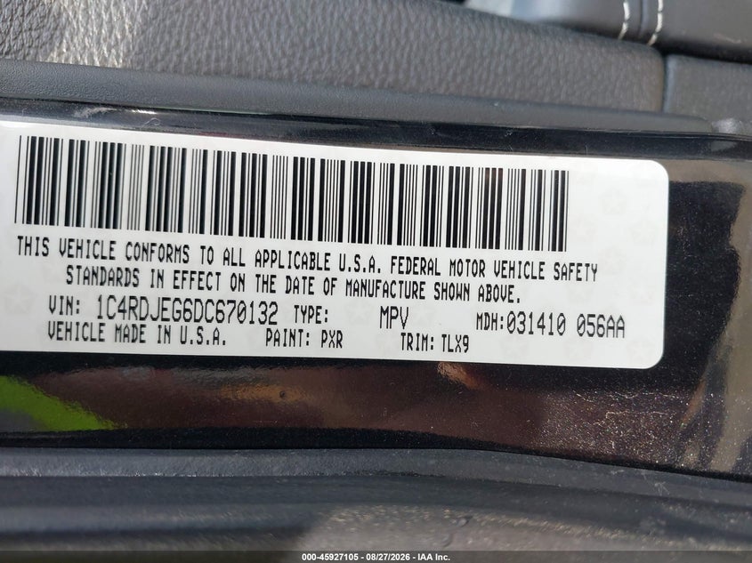 DODGE DURANGO 2013 VIN 1C4RDJEG6DC670132