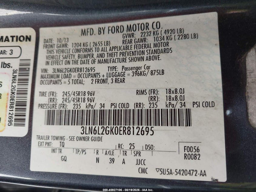 LINCOLN MKZ 2014 VIN 3LN6L2GK0ER812695