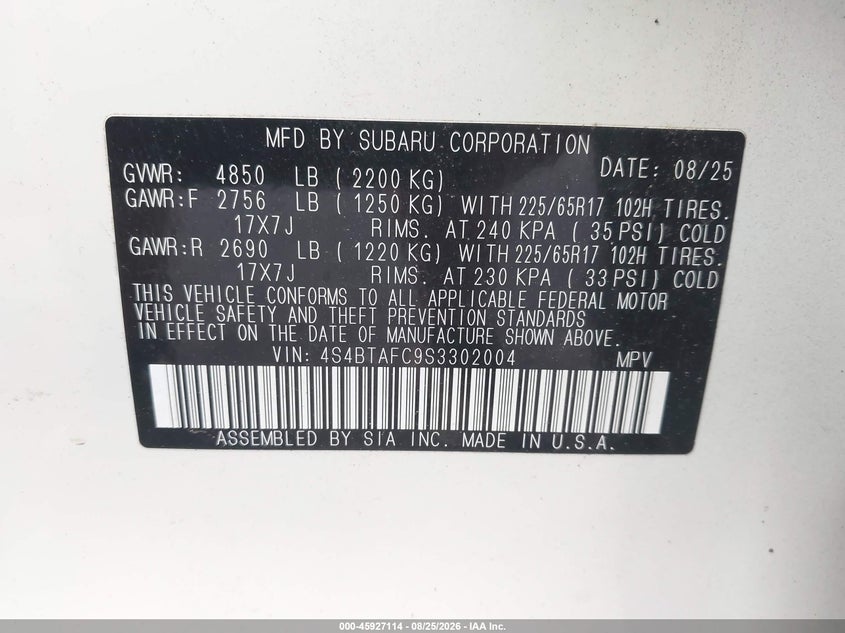 SUBARU OUTBACK 2025 VIN 4S4BTAFC9S3302004