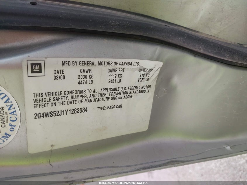 BUICK CENTURY 2000 VIN 2G4WS52J0Y1323323