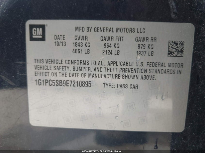 CHEVROLET CRUZE 2014 VIN 1G1PC5SB9E7210895