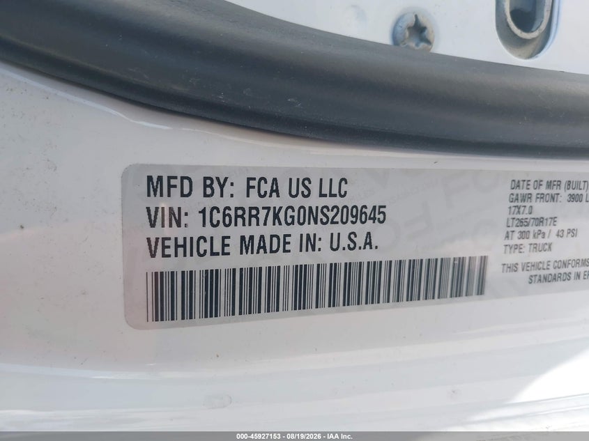 RAM 1500 CLASSIC 2022 VIN 1C6RR7KG0NS209645