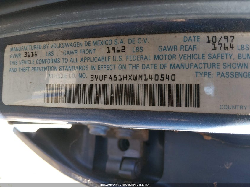 VOLKSWAGEN GOLF 1998 VIN 3VWFA81HXWM140540