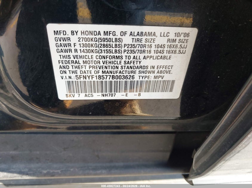 HONDA PILOT 2007 VIN 5FNYF18577B003626