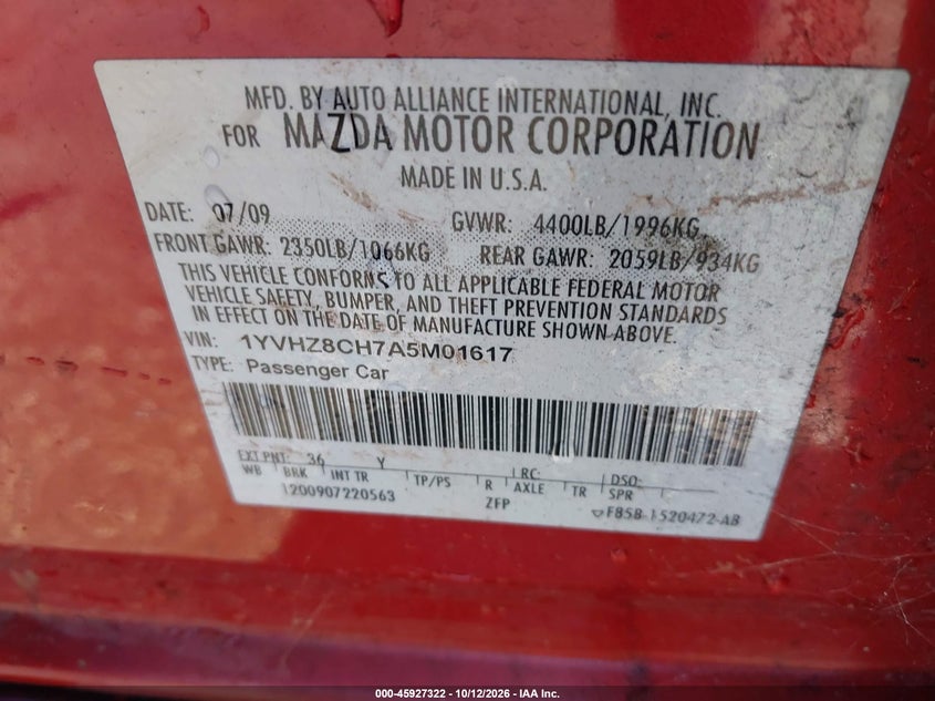 MAZDA MAZDA6 2010 VIN 1YVHZ8CH7A5M01617