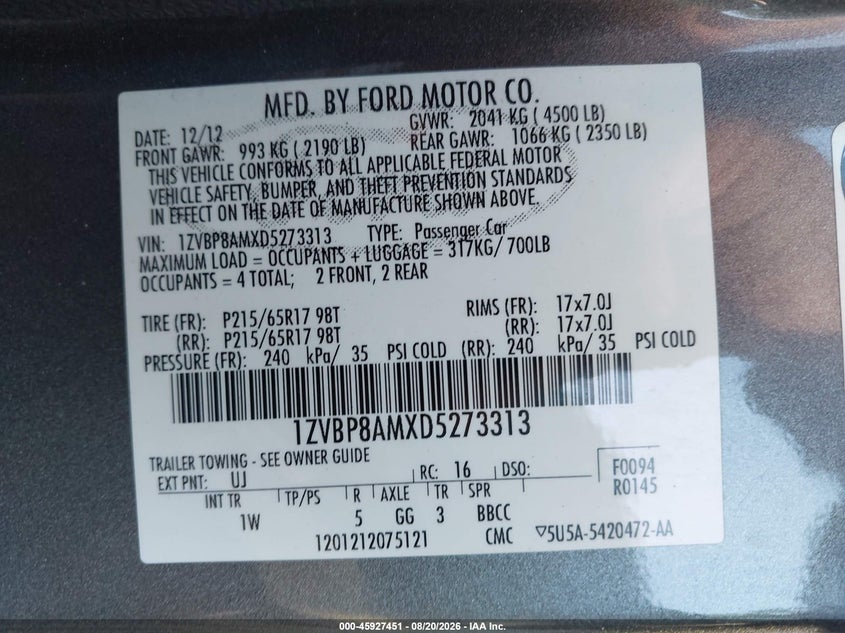 FORD MUSTANG 2013 VIN 1ZVBP8AMXD5273313